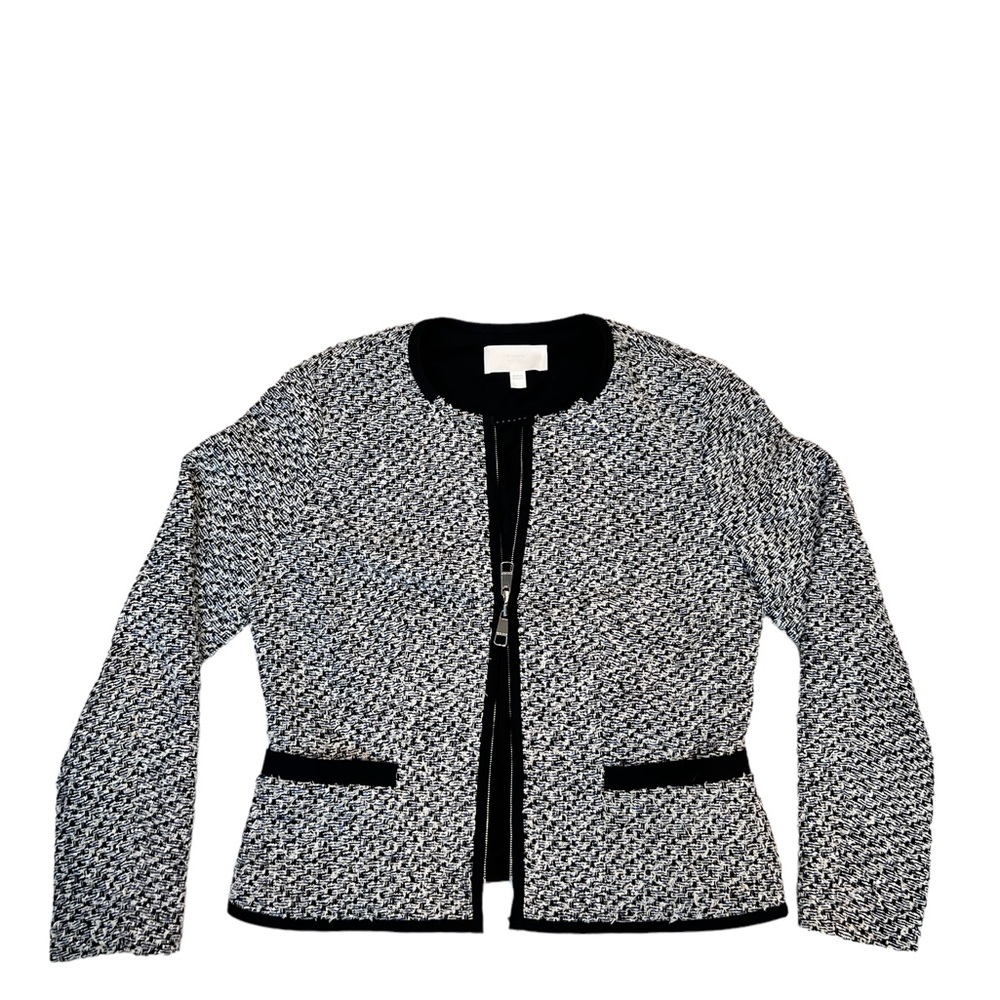 Hugo Boss Grey/Black/White Slim-Fit Tweed Double Zipper Zip Up Jacket